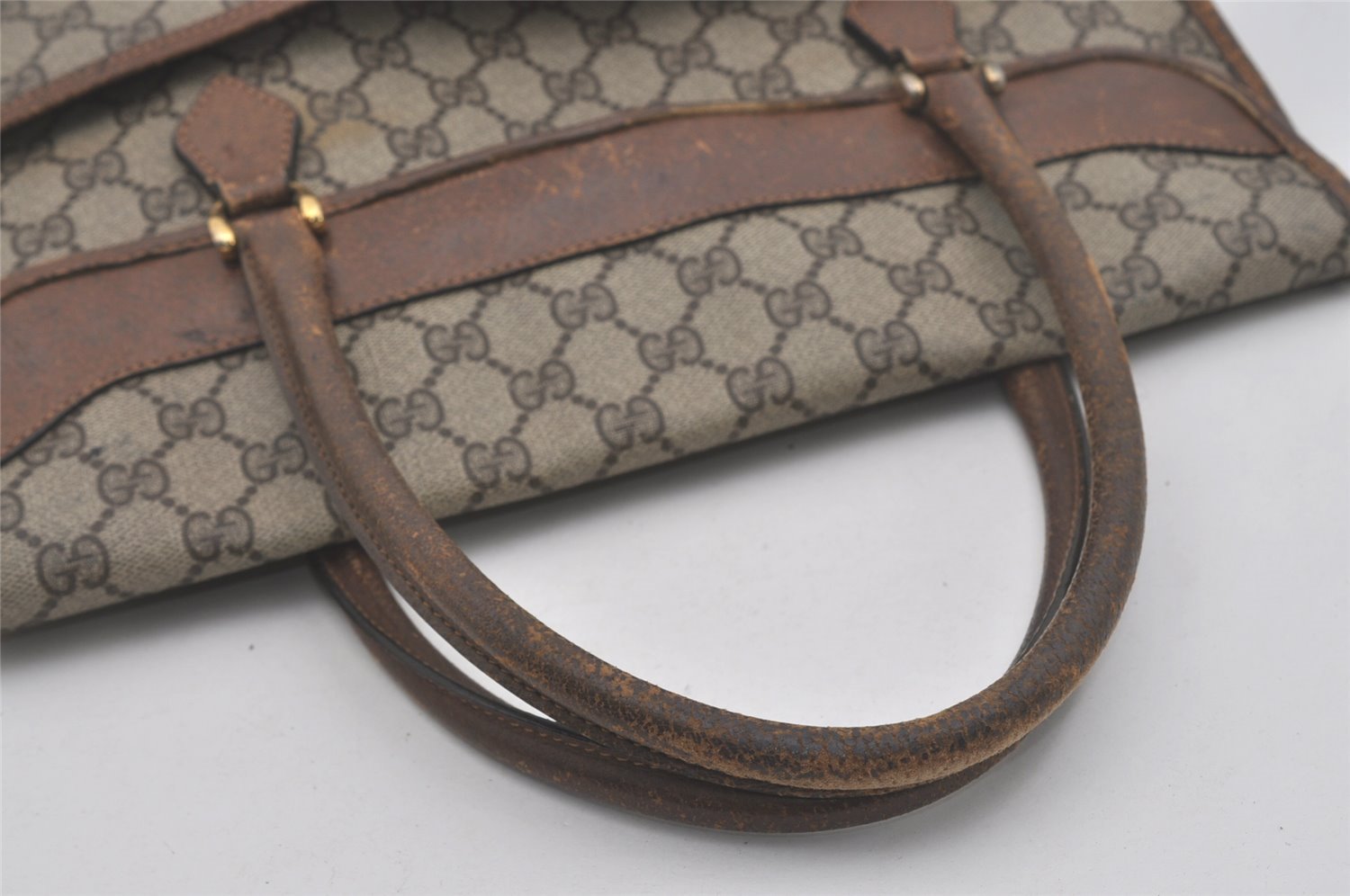 Authentic GUCCI Vintage Web Sherry Line Tote Hand Bag GG PVC Leather Brown 8465I