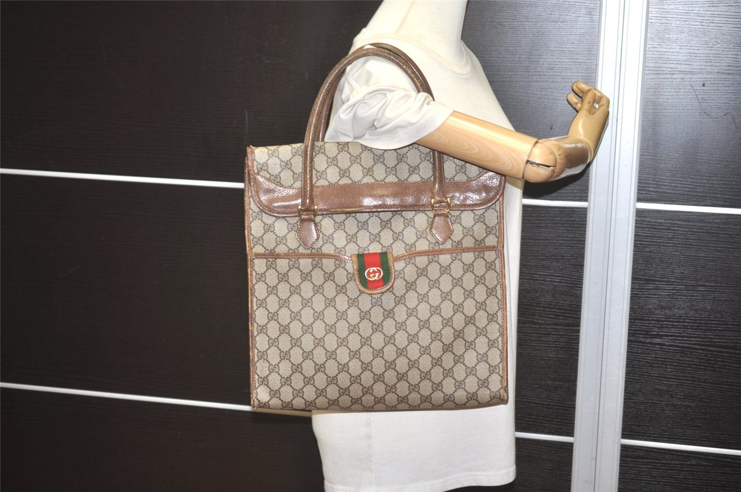 Authentic GUCCI Vintage Web Sherry Line Tote Hand Bag GG PVC Leather Brown 8465I