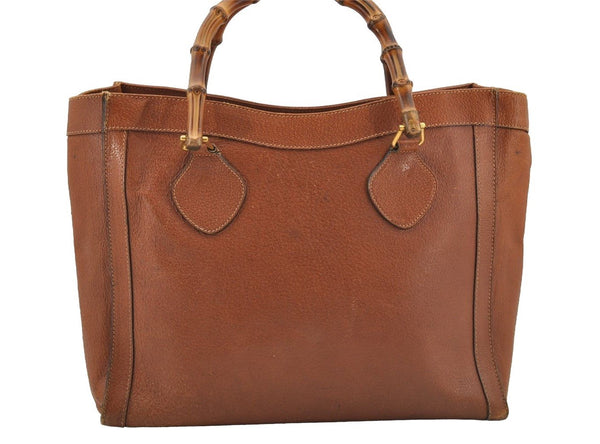 Authentic GUCCI Vintage Bamboo Hand Tote Bag Leather Brown 8466I