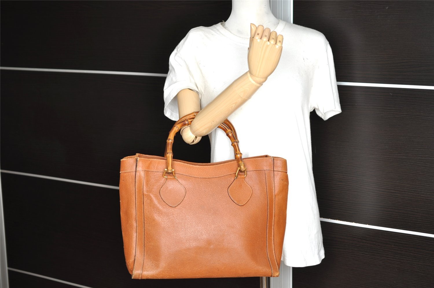 Authentic GUCCI Vintage Bamboo Hand Tote Bag Leather Brown 8466I