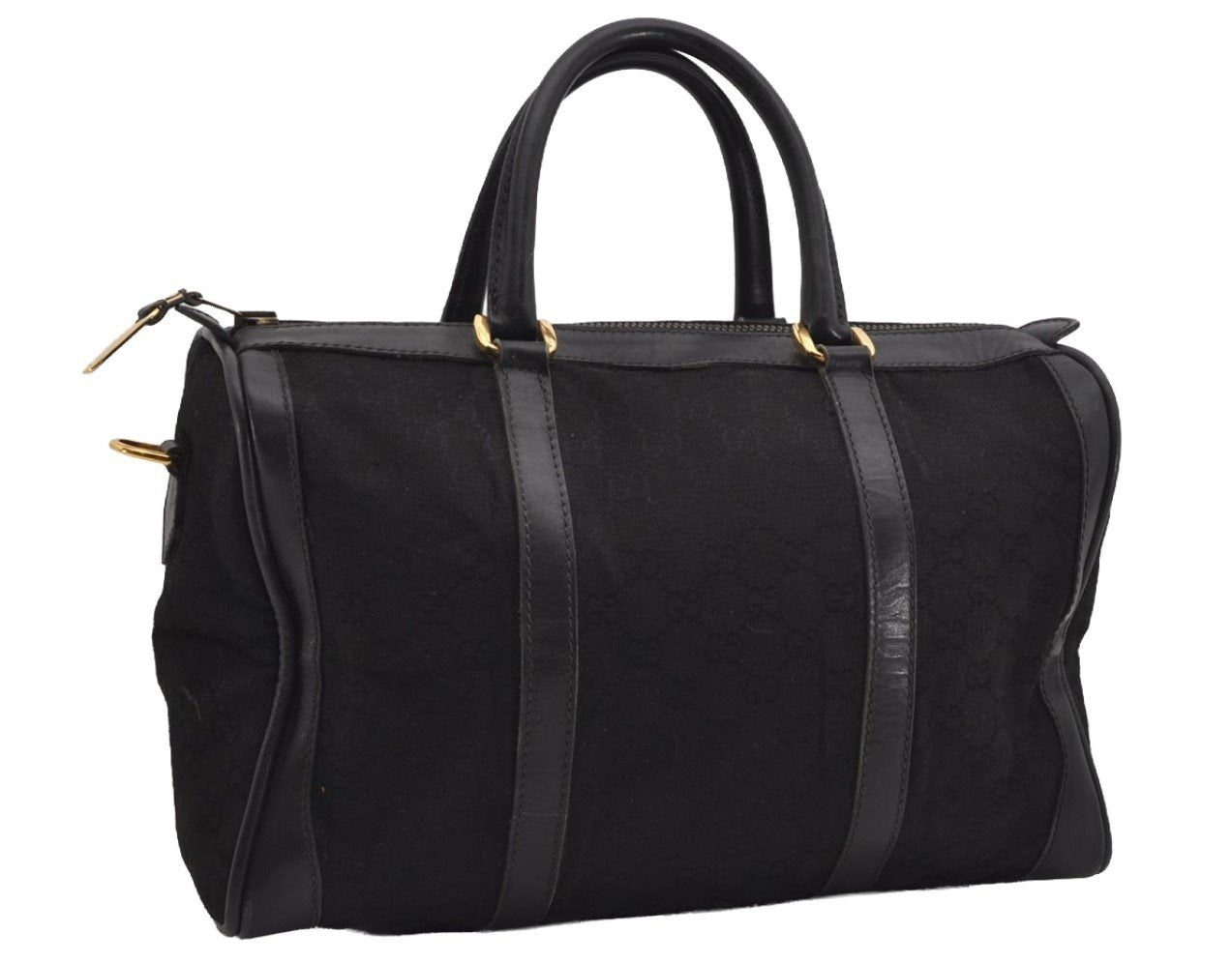 Authentic GUCCI 2Way Hand Boston Bag Purse GG Canvas Leather Black 8467I