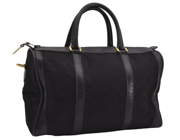 Authentic GUCCI 2Way Hand Boston Bag Purse GG Canvas Leather Black 8467I