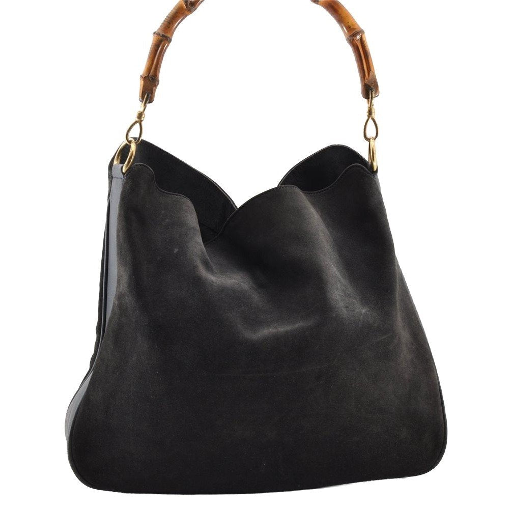 Authentic GUCCI Vintage Bamboo Shoulder Hand Bag Suede Leather Navy Junk 8470I