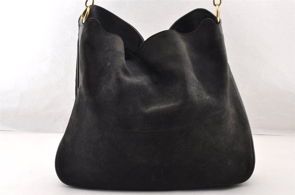 Authentic GUCCI Vintage Bamboo Shoulder Hand Bag Suede Leather Navy Junk 8470I