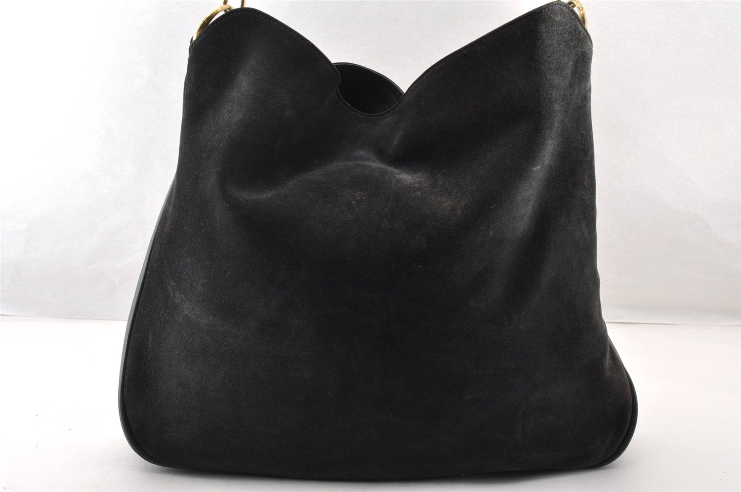 Authentic GUCCI Vintage Bamboo Shoulder Hand Bag Suede Leather Navy Junk 8470I