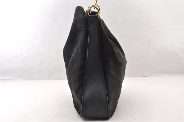 Authentic GUCCI Vintage Bamboo Shoulder Hand Bag Suede Leather Navy Junk 8470I