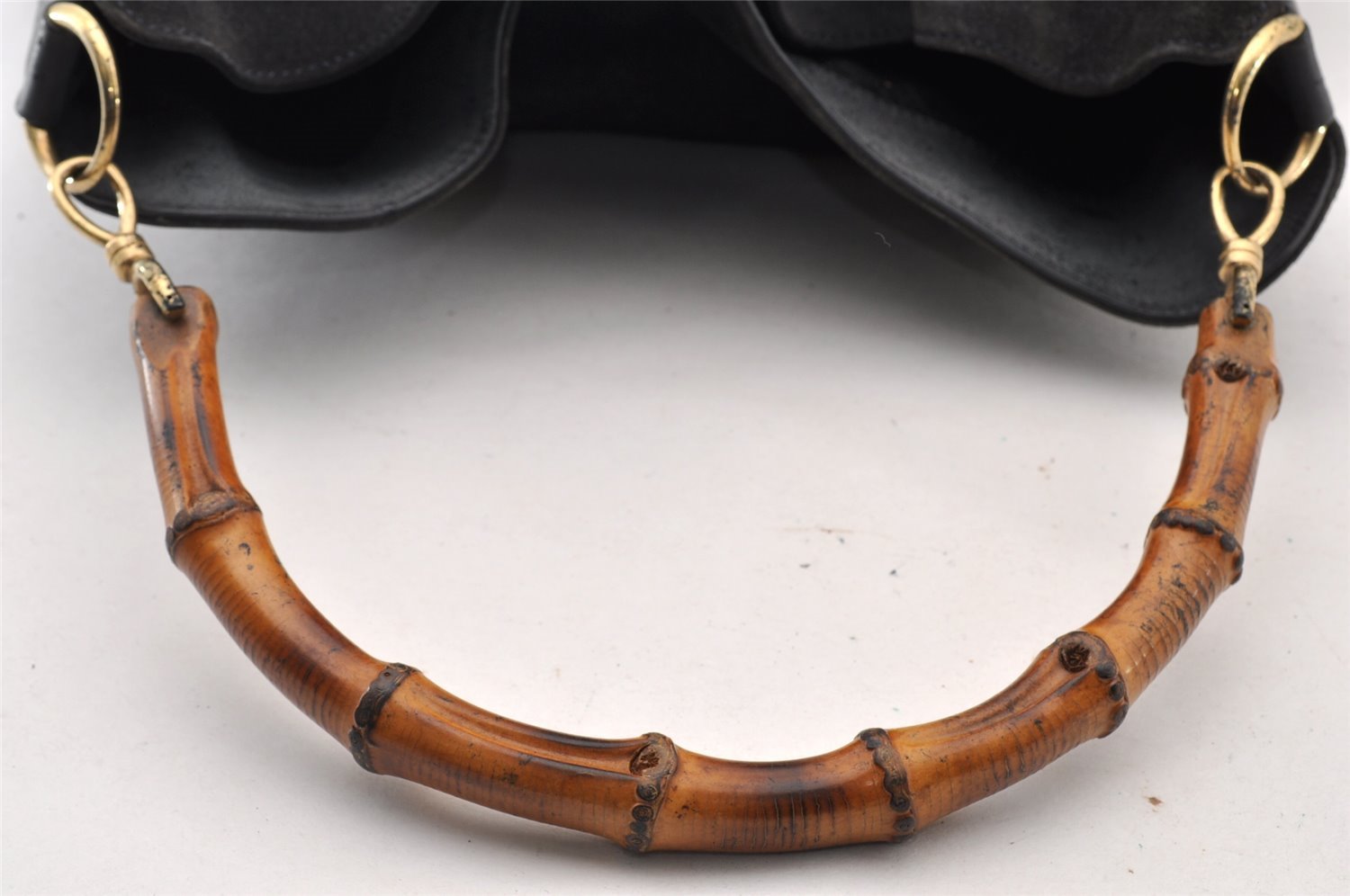 Authentic GUCCI Vintage Bamboo Shoulder Hand Bag Suede Leather Navy Junk 8470I