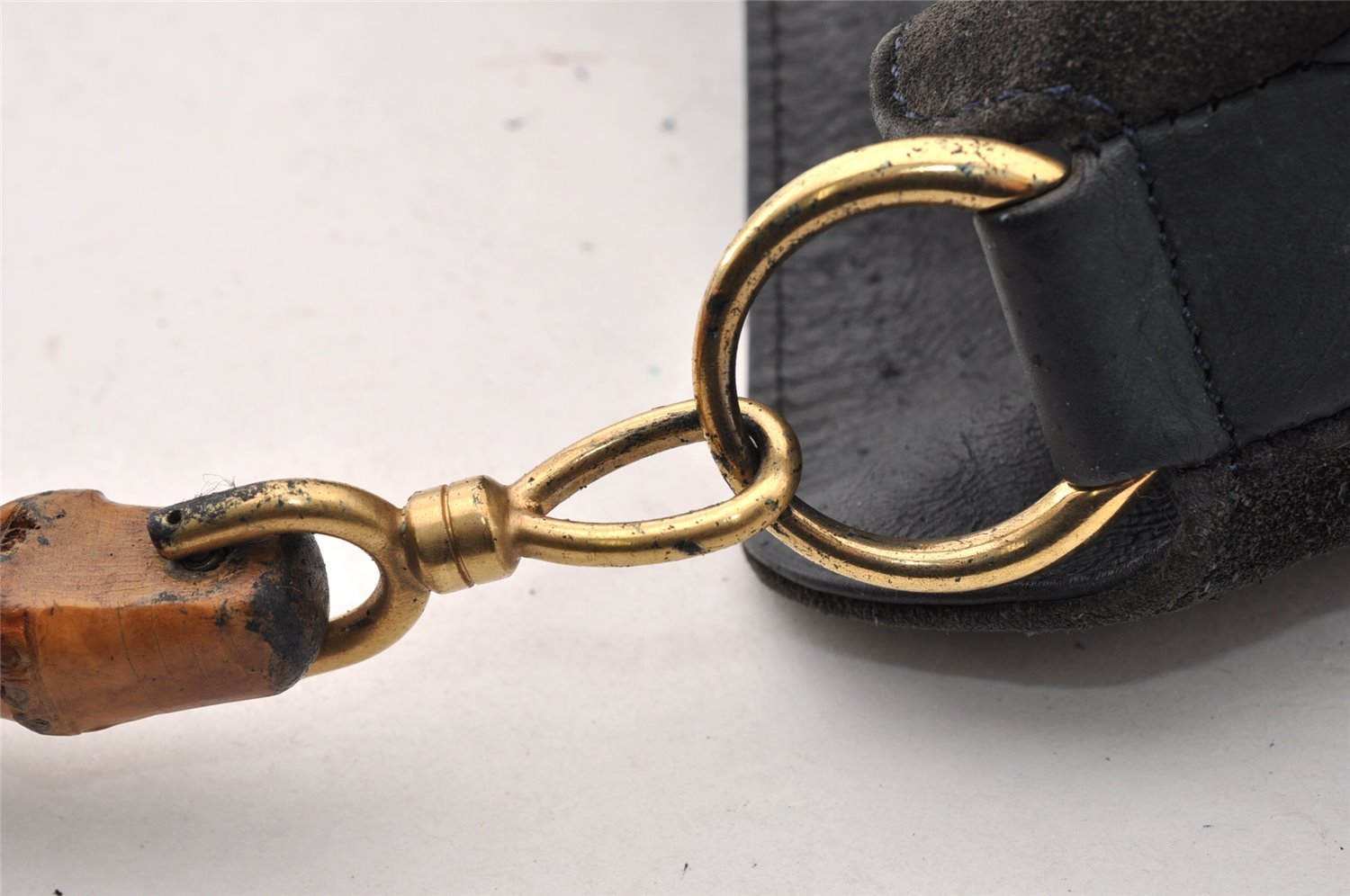 Authentic GUCCI Vintage Bamboo Shoulder Hand Bag Suede Leather Navy Junk 8470I