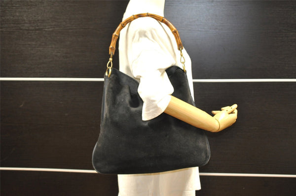Authentic GUCCI Vintage Bamboo Shoulder Hand Bag Suede Leather Navy Junk 8470I
