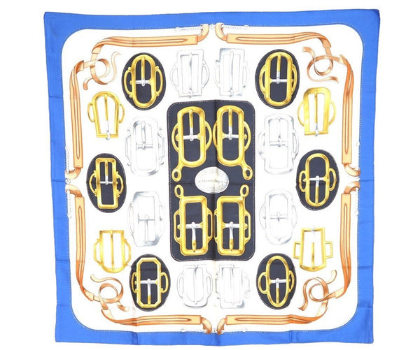 Authentic HERMES Carre 90 Scarf "BOVCLERIE D'ATTELAGE" Silk Blue 8471I