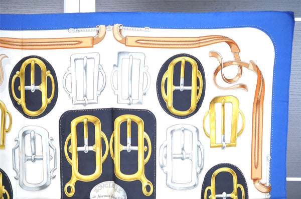 Authentic HERMES Carre 90 Scarf "BOVCLERIE D'ATTELAGE" Silk Blue 8471I