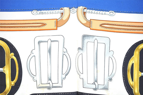 Authentic HERMES Carre 90 Scarf "BOVCLERIE D'ATTELAGE" Silk Blue 8471I