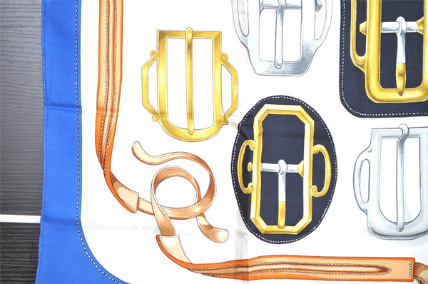 Authentic HERMES Carre 90 Scarf "BOVCLERIE D'ATTELAGE" Silk Blue 8471I