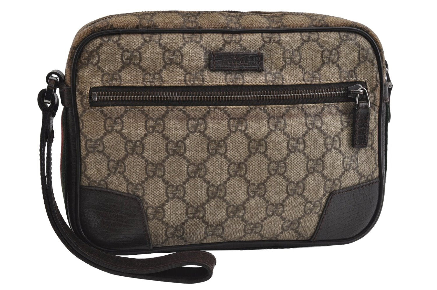 Authentic GUCCI Web Sherry Line Clutch Bag GG PVC Leather 152599 Brown 8478I