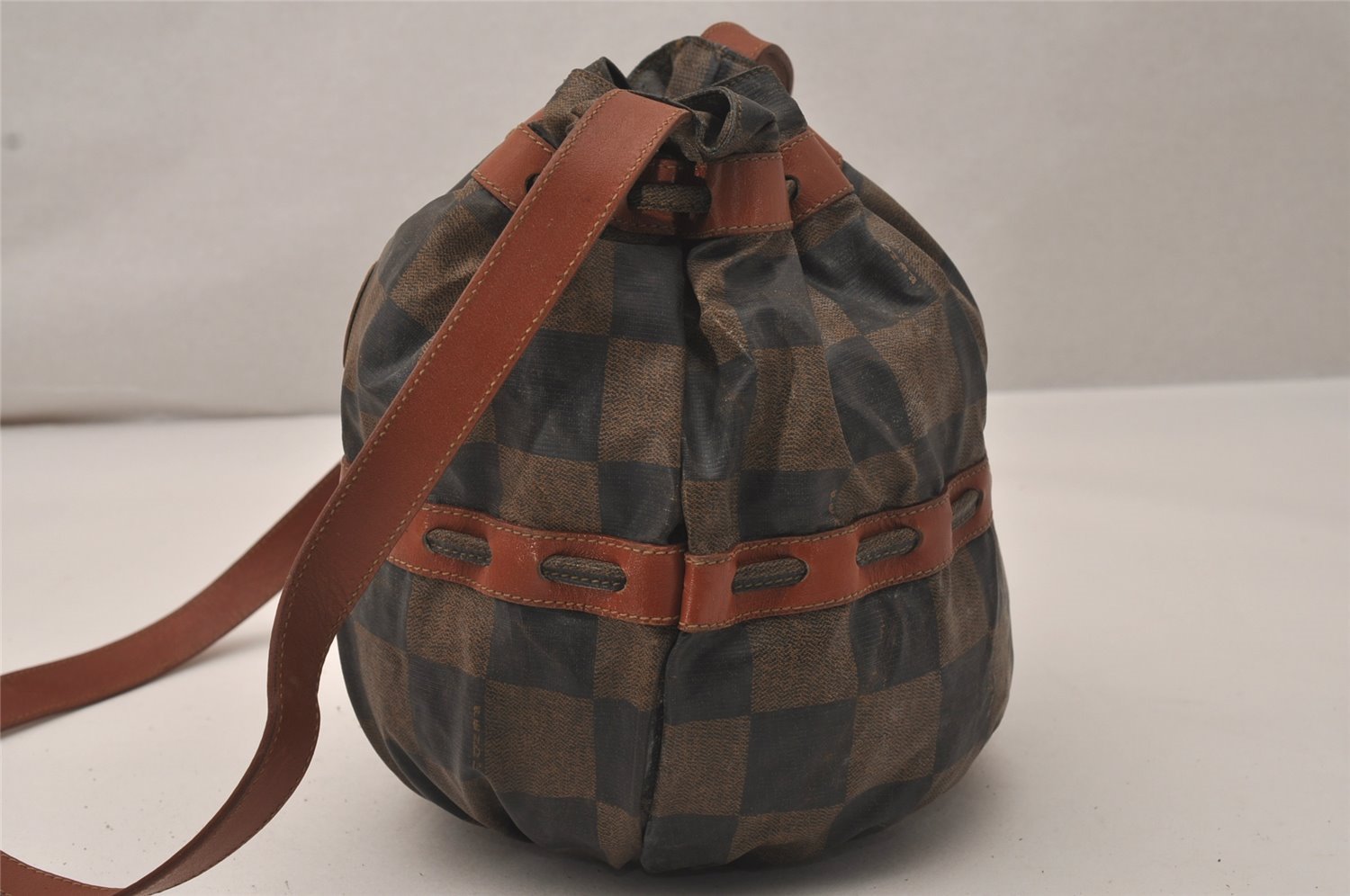 Authentic FENDI Pequin Check Shoulder Drawstring Bag PVC Leather Brown 8482J