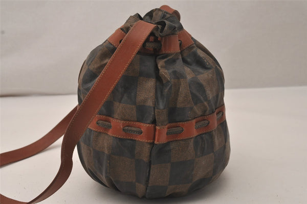 Authentic FENDI Pequin Check Shoulder Drawstring Bag PVC Leather Brown 8482J