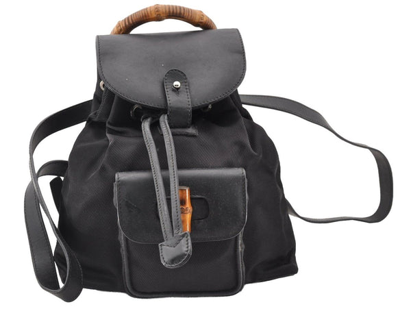 Authentic GUCCI Vintage Bamboo Backpack Nylon Leather Black 8485I