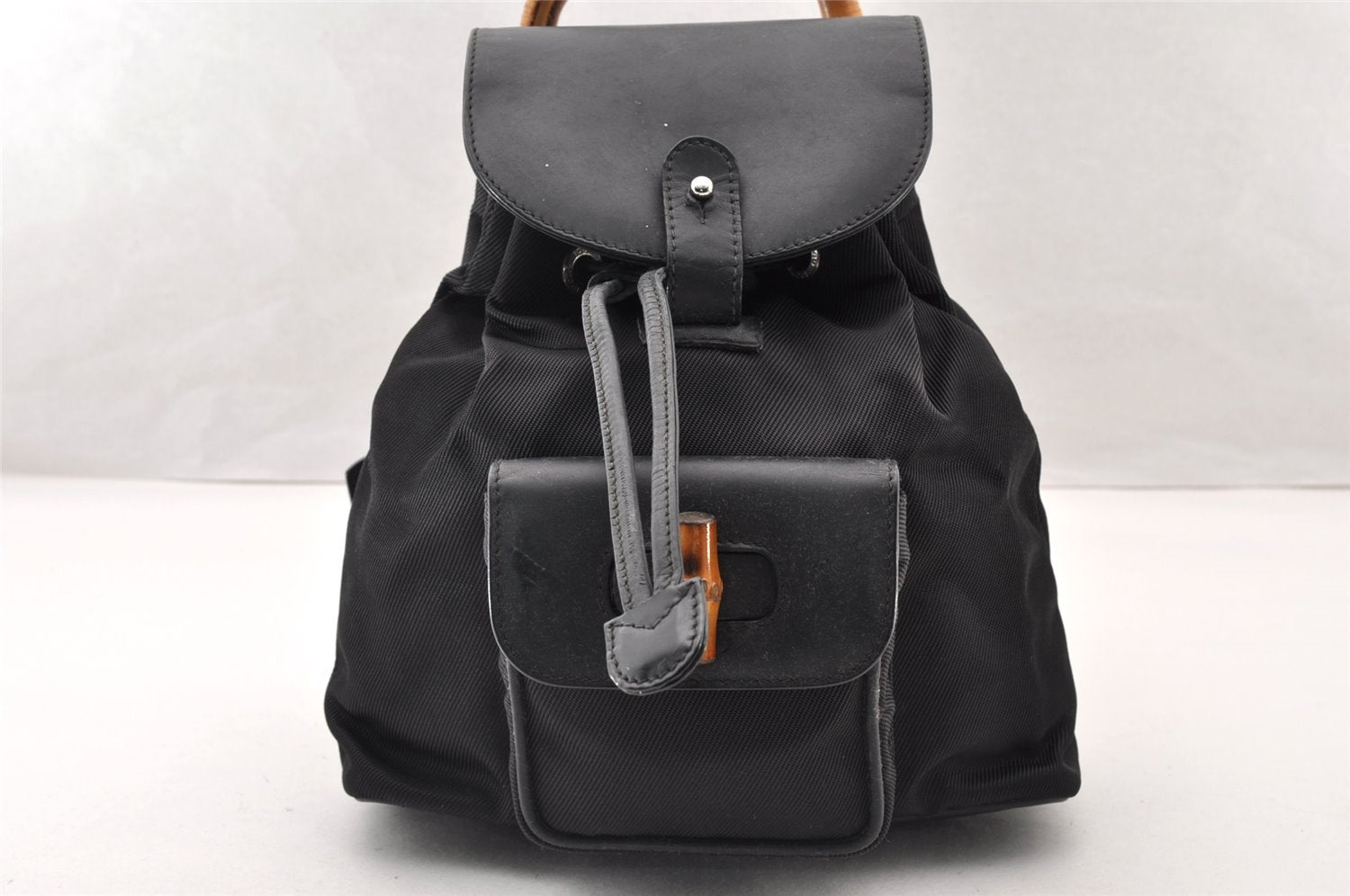 Authentic GUCCI Vintage Bamboo Backpack Nylon Leather Black 8485I