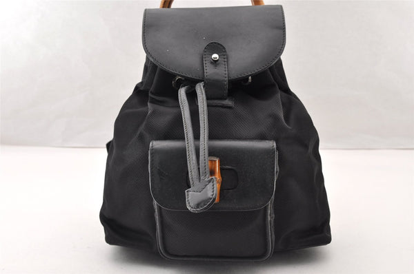 Authentic GUCCI Vintage Bamboo Backpack Nylon Leather Black 8485I