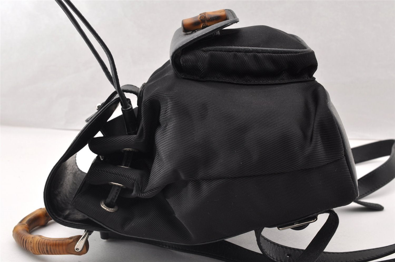 Authentic GUCCI Vintage Bamboo Backpack Nylon Leather Black 8485I