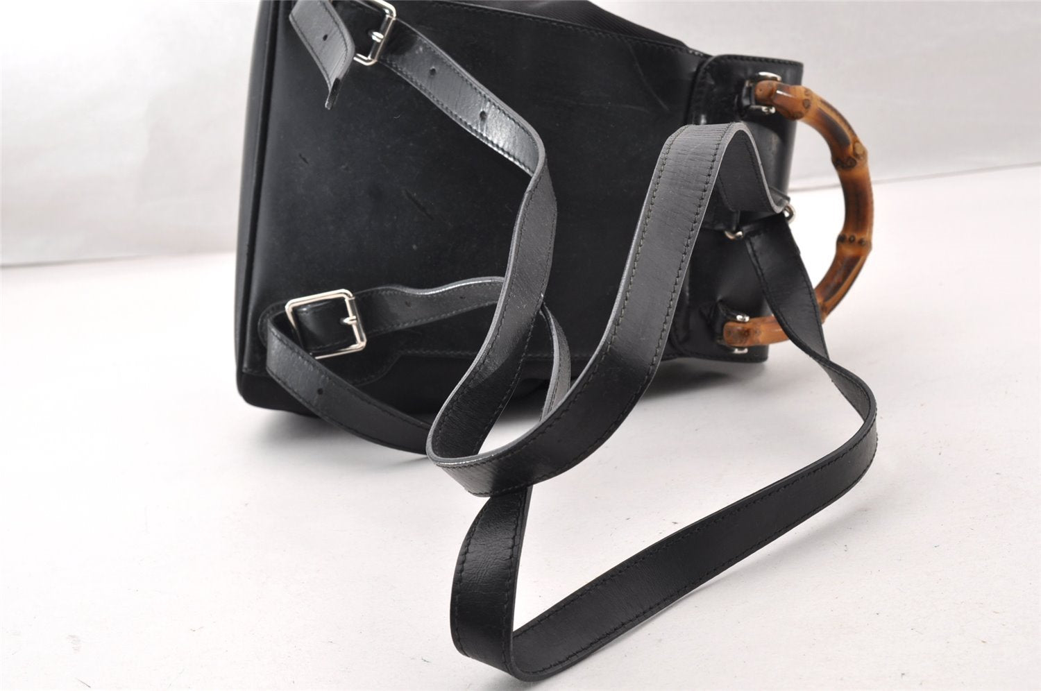 Authentic GUCCI Vintage Bamboo Backpack Nylon Leather Black 8485I