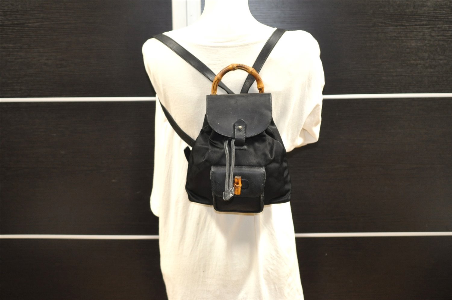 Authentic GUCCI Vintage Bamboo Backpack Nylon Leather Black 8485I