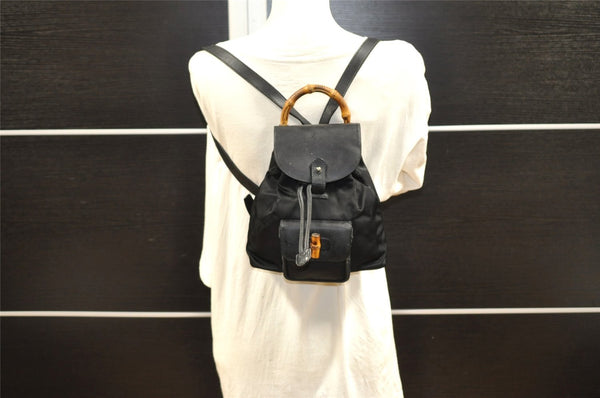 Authentic GUCCI Vintage Bamboo Backpack Nylon Leather Black 8485I