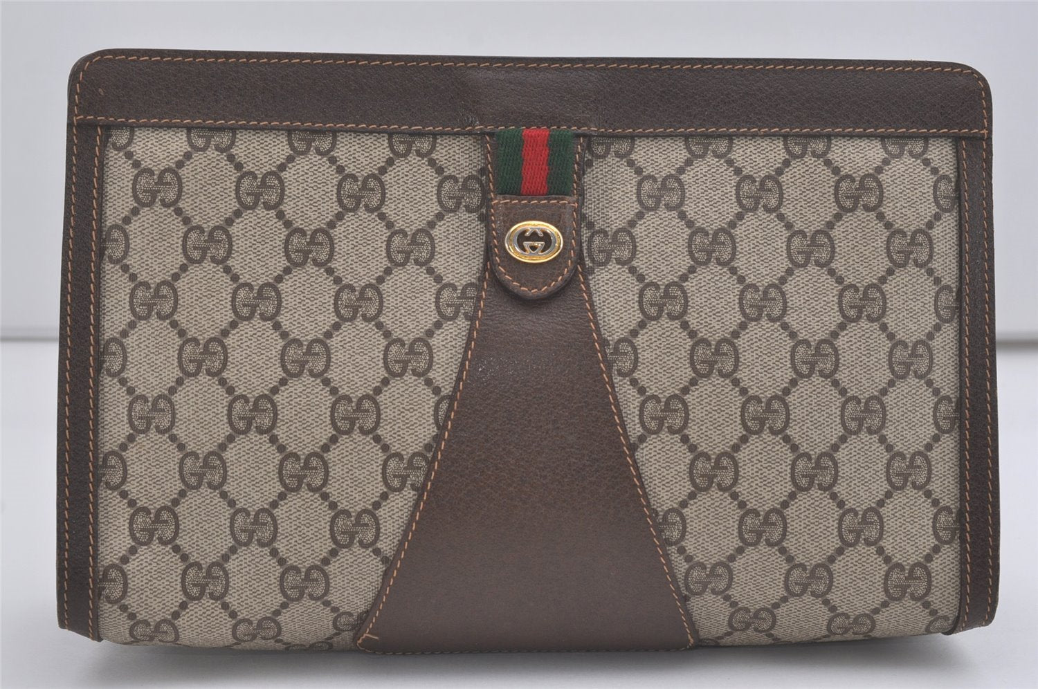 Authentic GUCCI Web Sherry Line Clutch Hand Bag Purse GG PVC Leather Brown 8486I