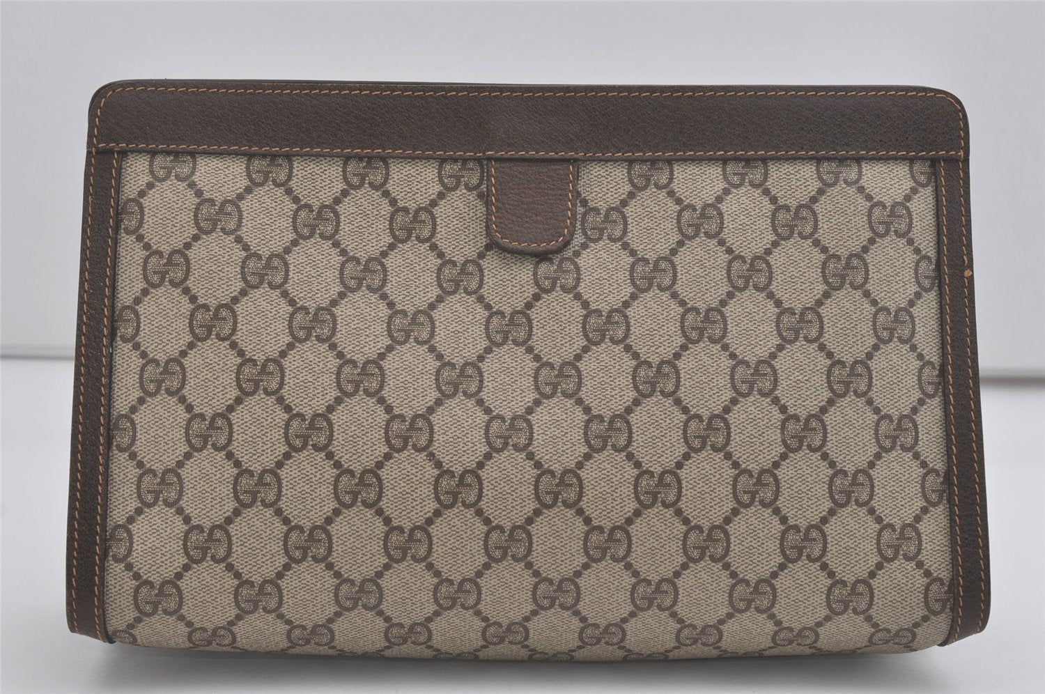 Authentic GUCCI Web Sherry Line Clutch Hand Bag Purse GG PVC Leather Brown 8486I