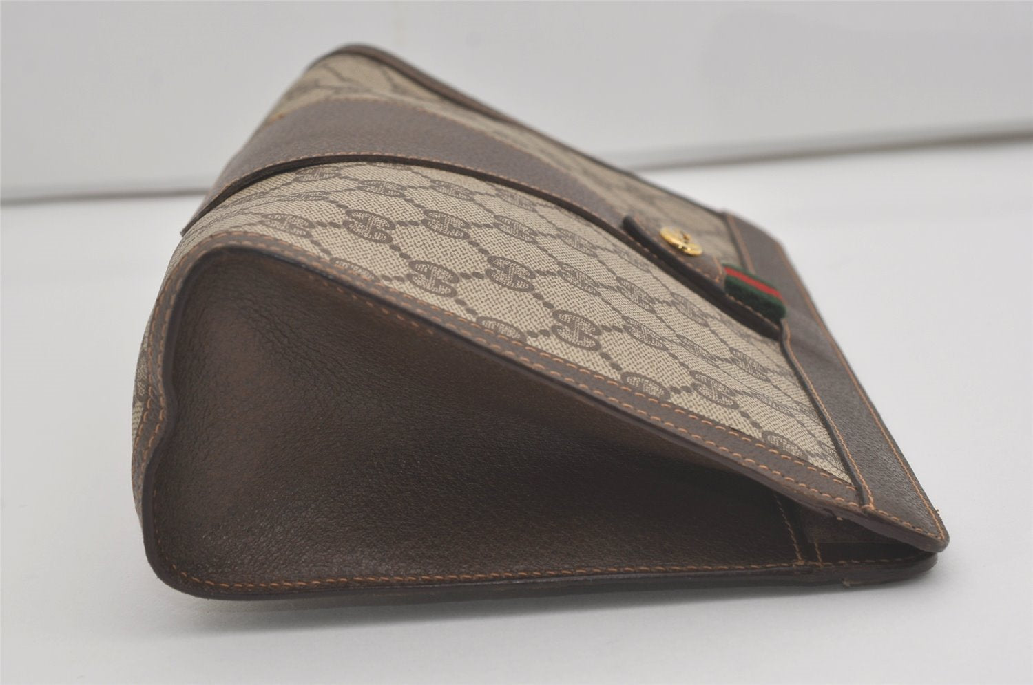 Authentic GUCCI Web Sherry Line Clutch Hand Bag Purse GG PVC Leather Brown 8486I