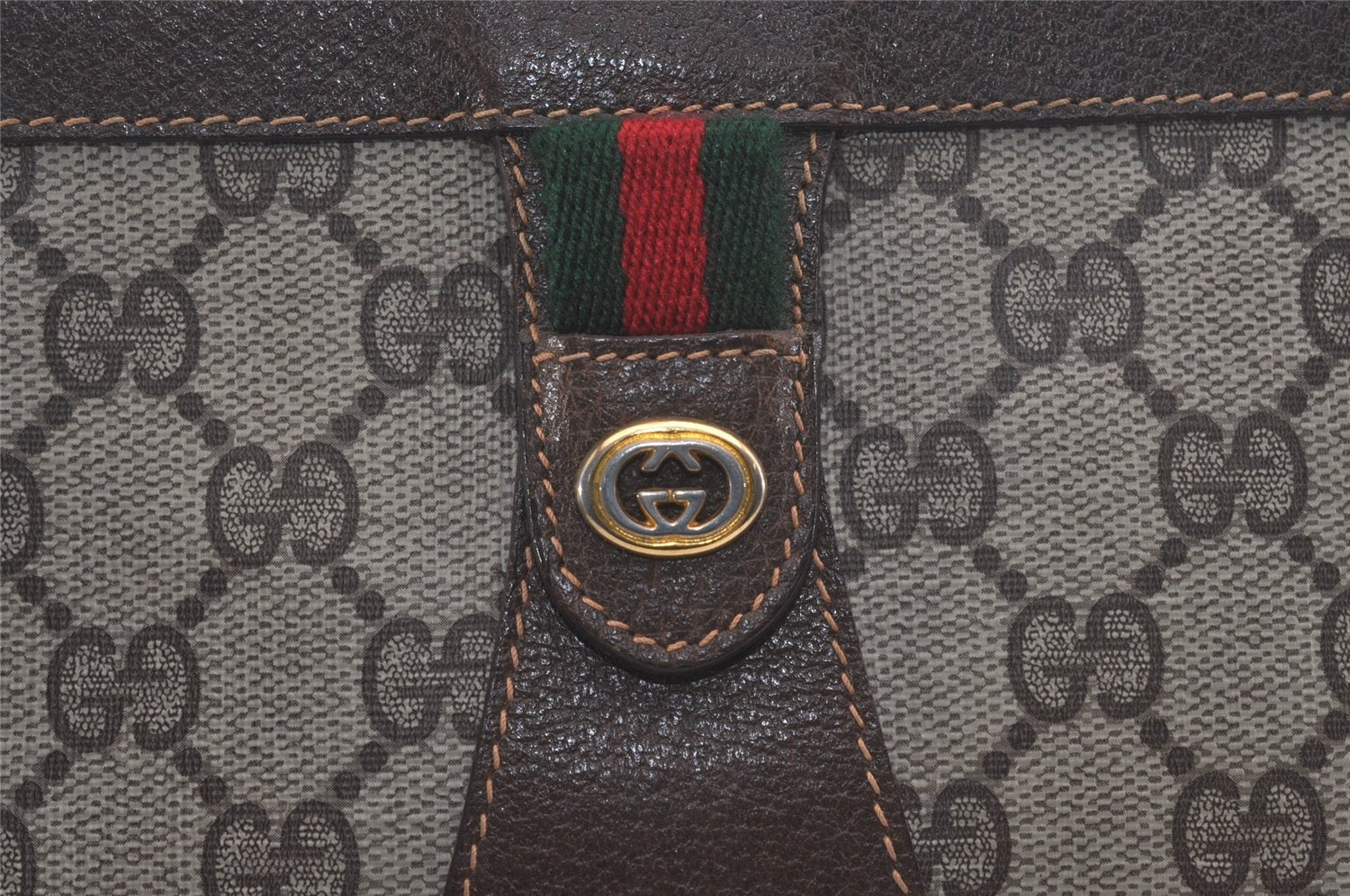 Authentic GUCCI Web Sherry Line Clutch Hand Bag Purse GG PVC Leather Brown 8486I