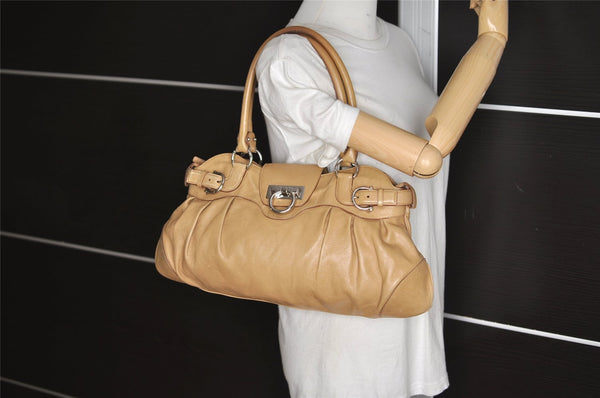 Authentic Salvatore Ferragamo Gancini Leather Shoulder Hand Bag Beige 8486J