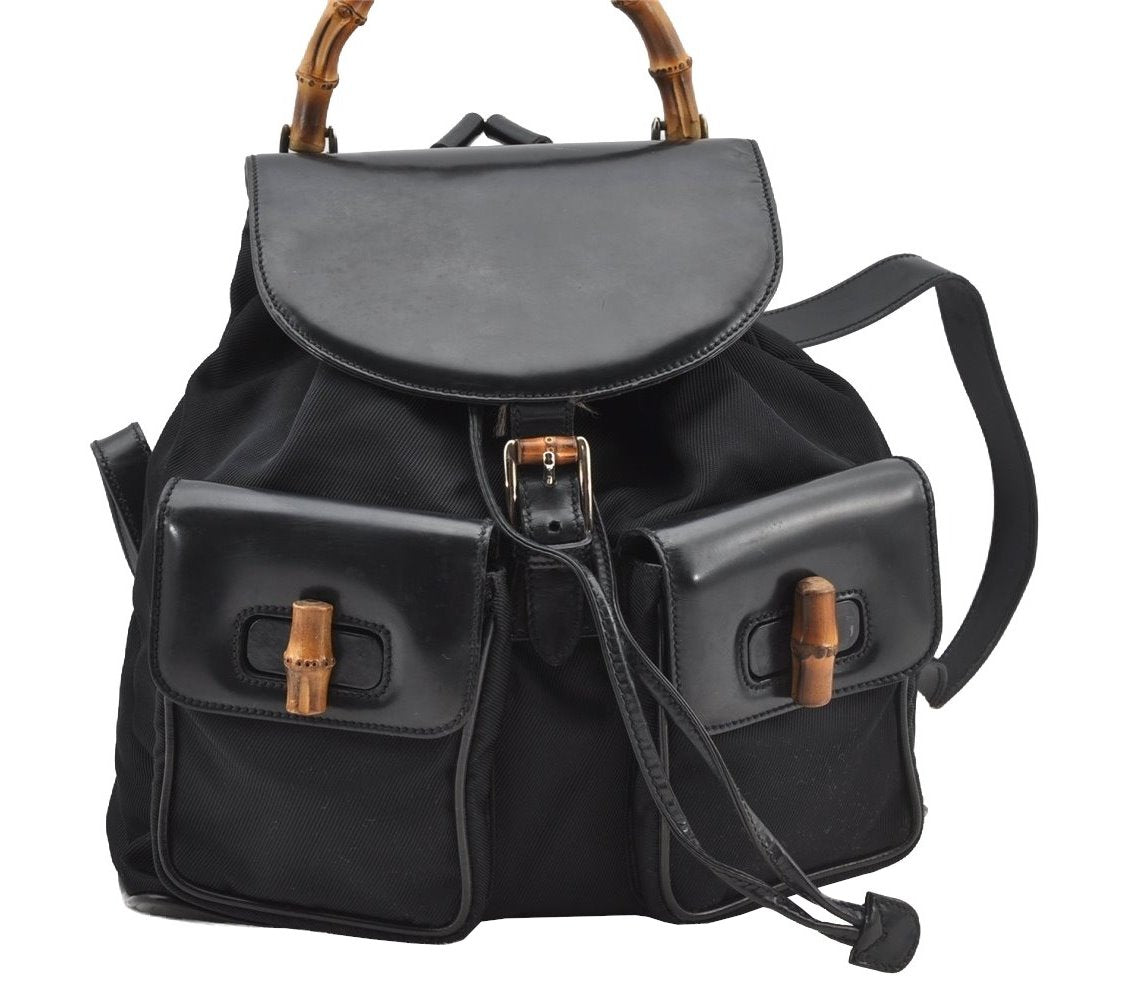 Authentic GUCCI Bamboo Vintage Drawstring Backpack Nylon Leather Black 8487I