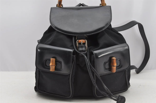 Authentic GUCCI Bamboo Vintage Drawstring Backpack Nylon Leather Black 8487I