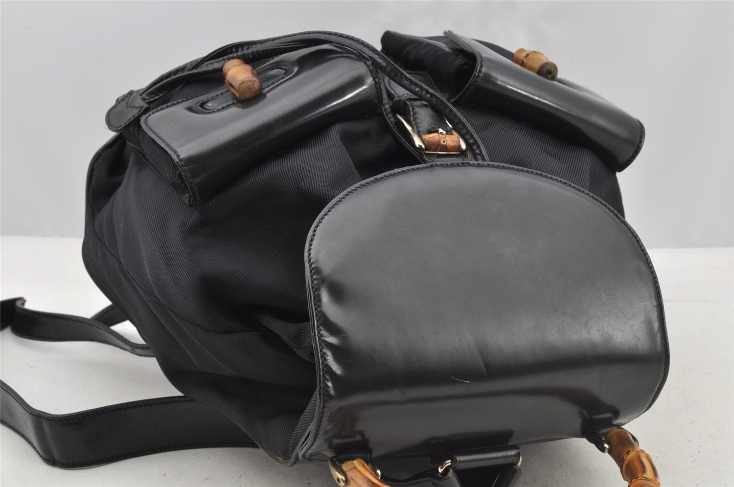 Authentic GUCCI Bamboo Vintage Drawstring Backpack Nylon Leather Black 8487I