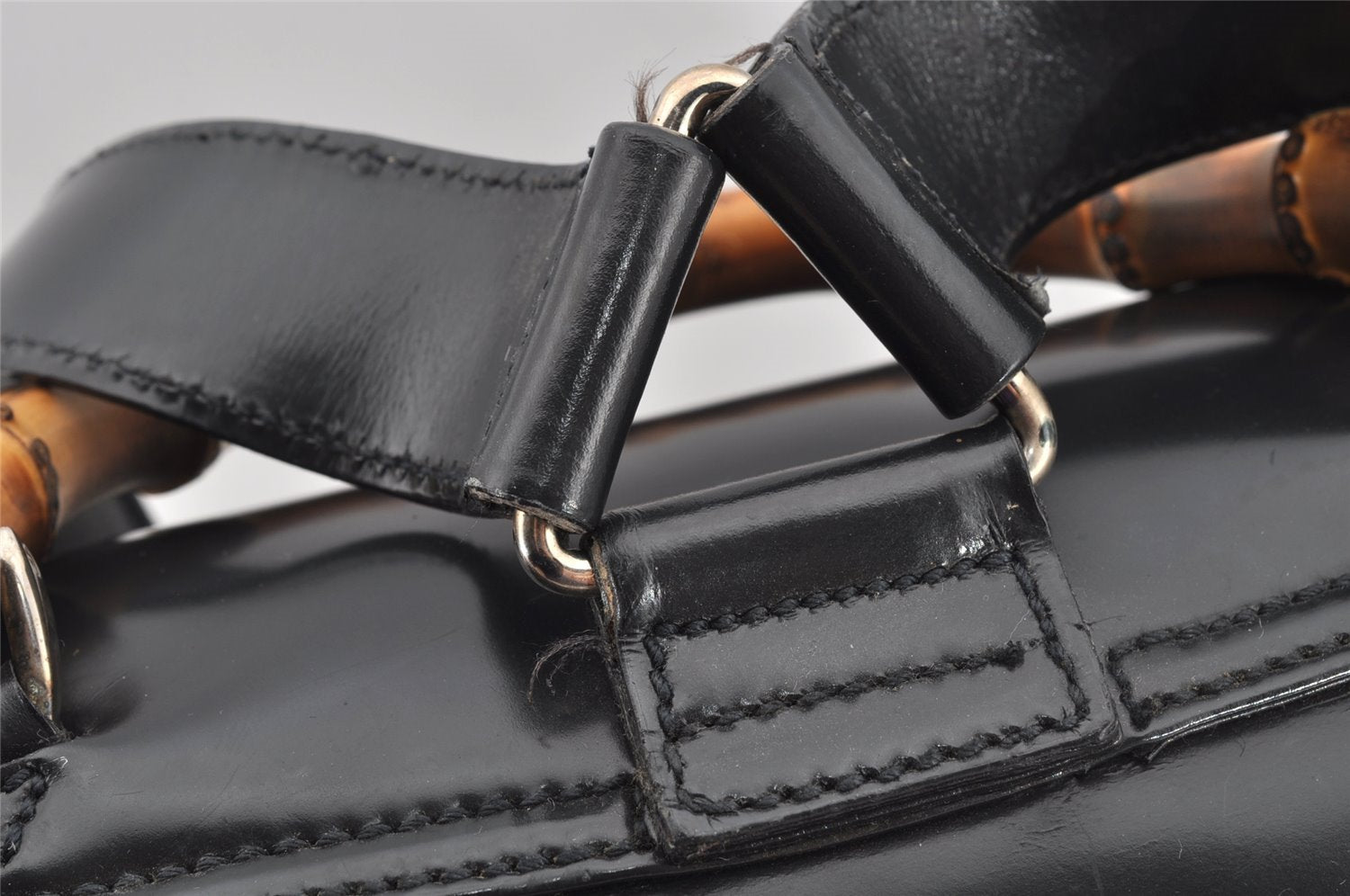 Authentic GUCCI Bamboo Vintage Drawstring Backpack Nylon Leather Black 8487I