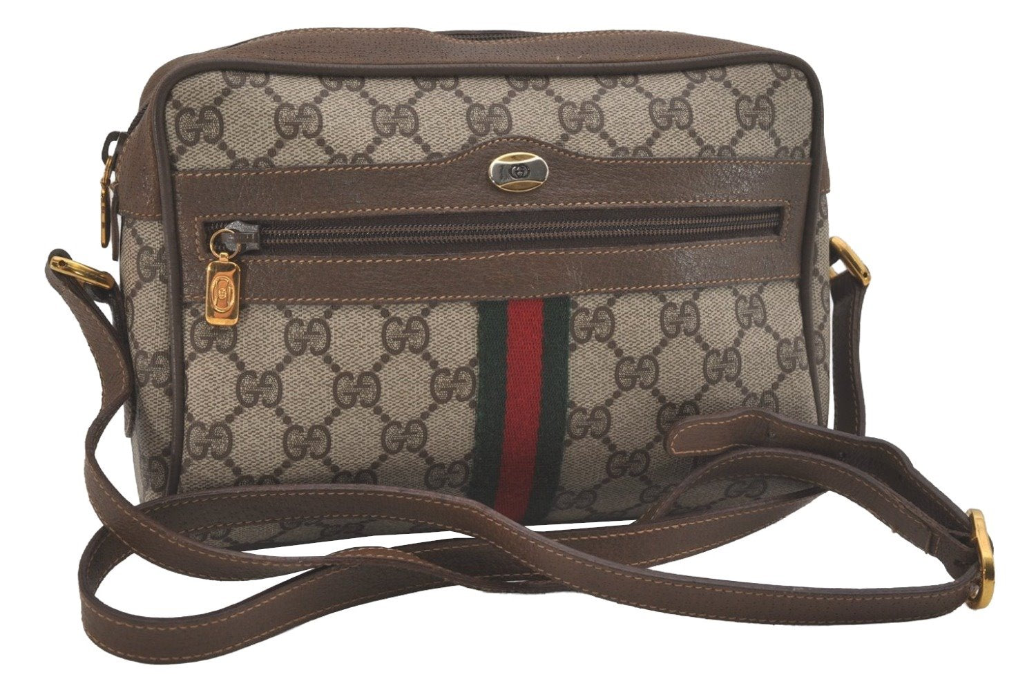 Authentic GUCCI Web Sherry Line Shoulder Cross Bag GG PVC Leather Brown 8492I