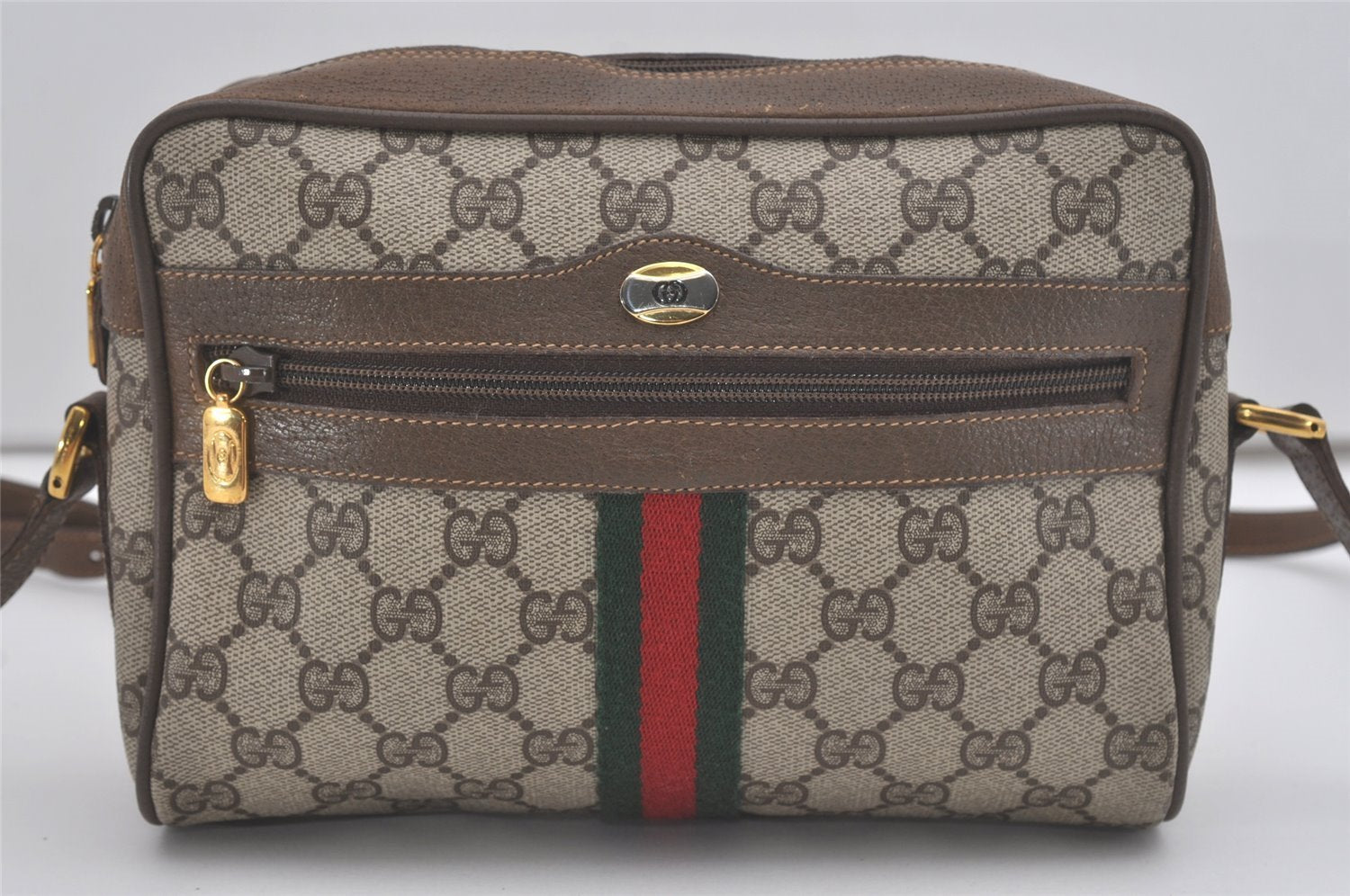 Authentic GUCCI Web Sherry Line Shoulder Cross Bag GG PVC Leather Brown 8492I