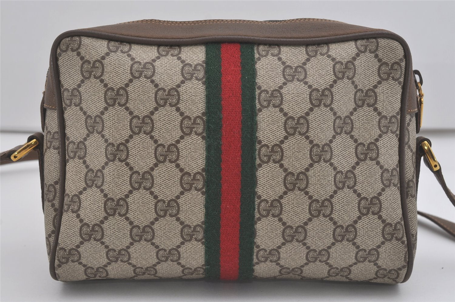 Authentic GUCCI Web Sherry Line Shoulder Cross Bag GG PVC Leather Brown 8492I