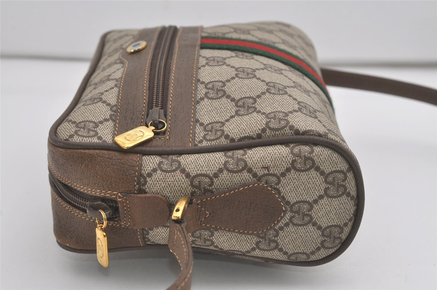 Authentic GUCCI Web Sherry Line Shoulder Cross Bag GG PVC Leather Brown 8492I