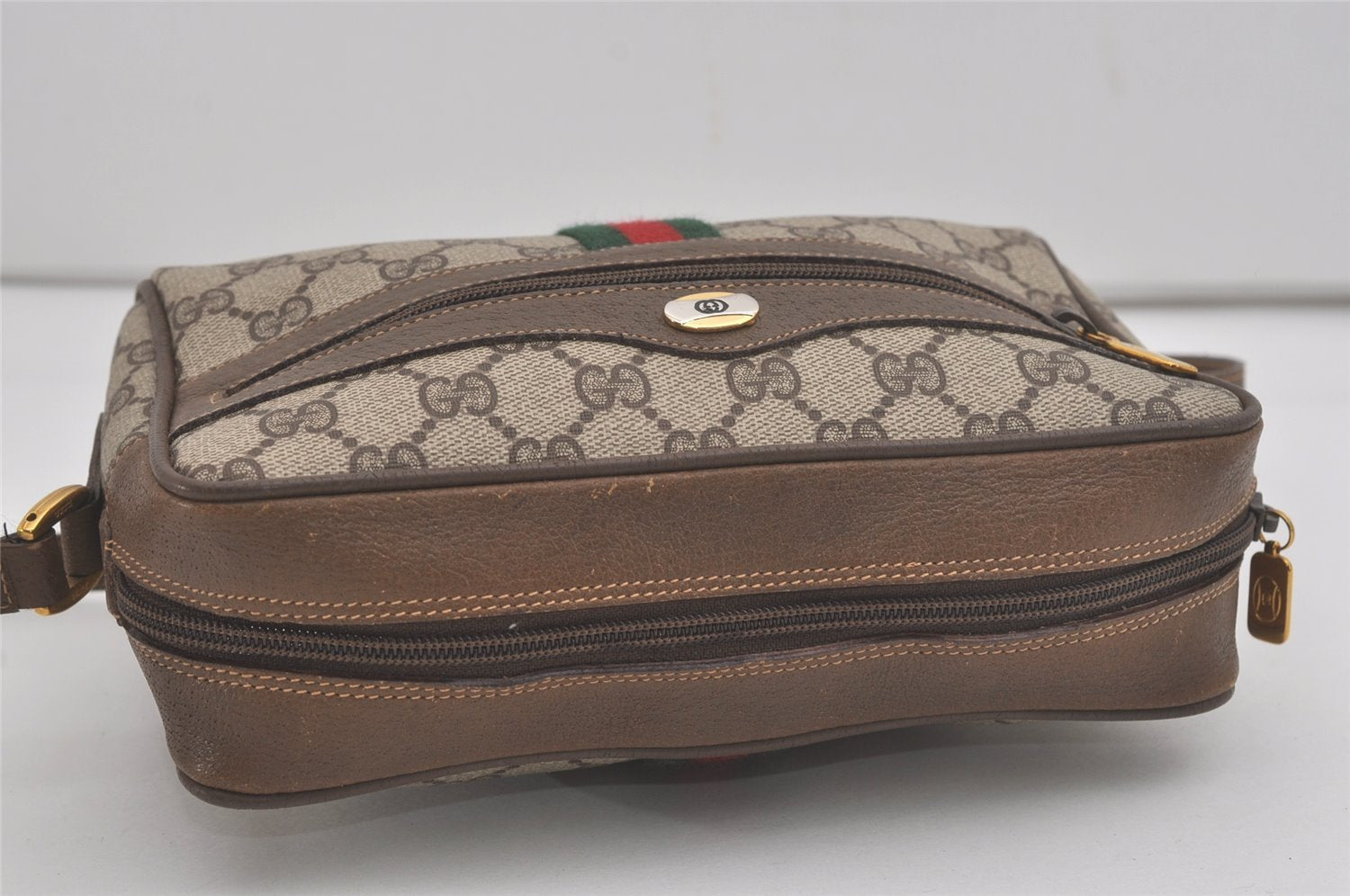 Authentic GUCCI Web Sherry Line Shoulder Cross Bag GG PVC Leather Brown 8492I