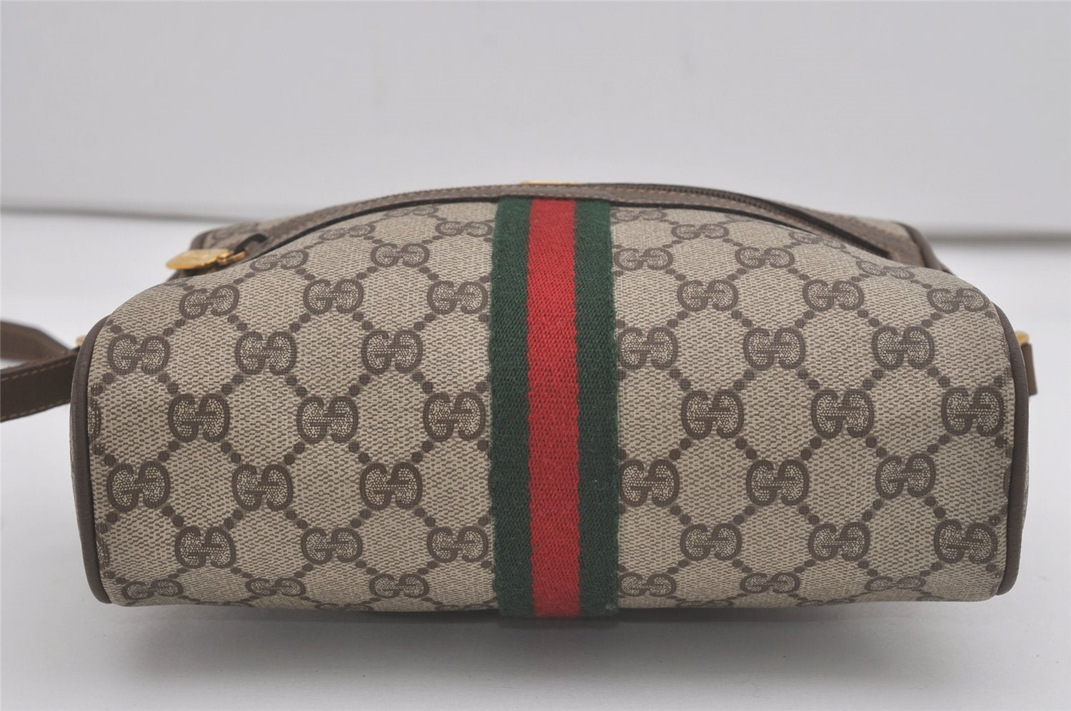 Authentic GUCCI Web Sherry Line Shoulder Cross Bag GG PVC Leather Brown 8492I