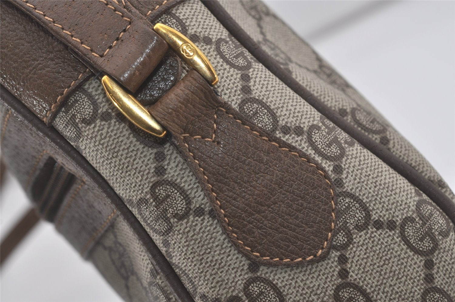 Authentic GUCCI Web Sherry Line Shoulder Cross Bag GG PVC Leather Brown 8492I