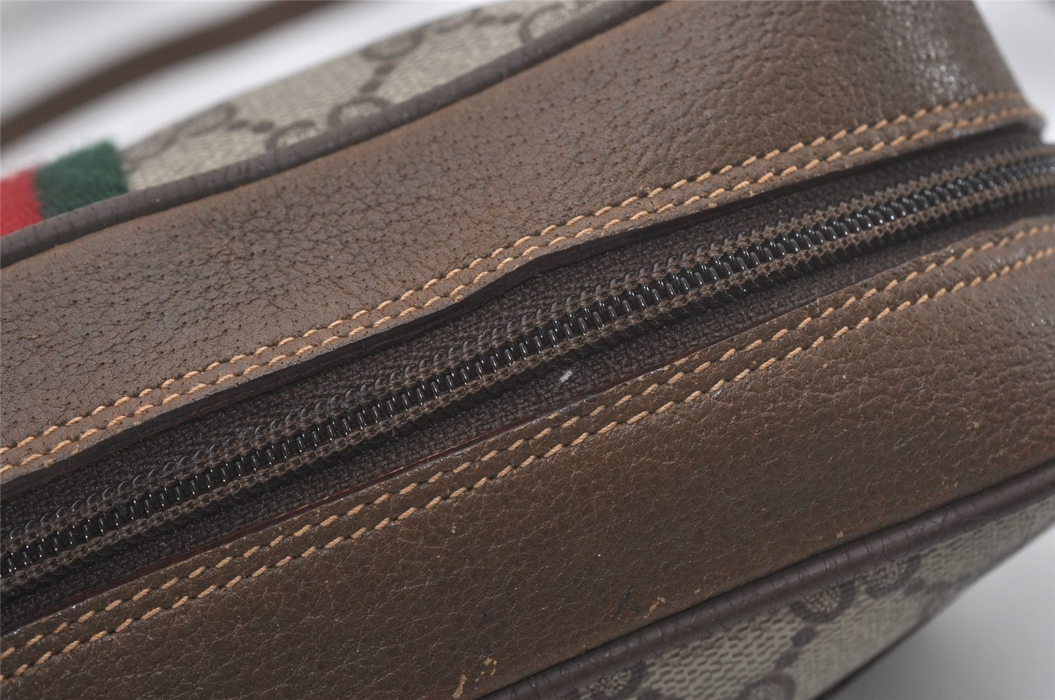 Authentic GUCCI Web Sherry Line Shoulder Cross Bag GG PVC Leather Brown 8492I