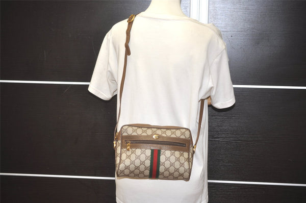 Authentic GUCCI Web Sherry Line Shoulder Cross Bag GG PVC Leather Brown 8492I