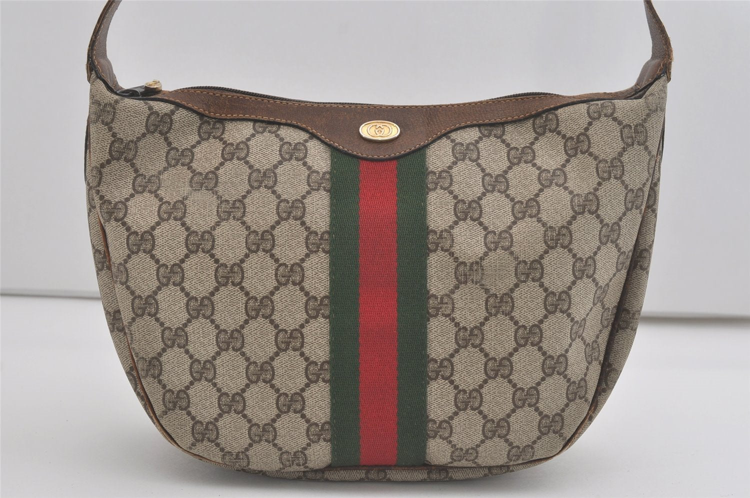 Authentic GUCCI Web Sherry Line Shoulder Cross Bag GG PVC Leather Brown 8494I