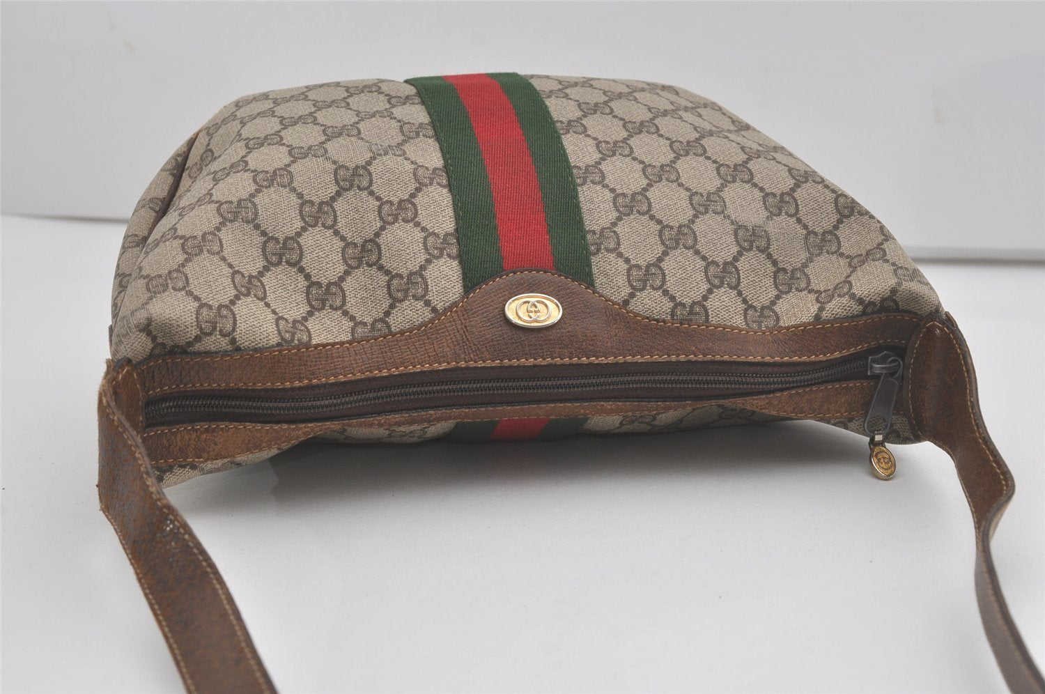 Authentic GUCCI Web Sherry Line Shoulder Cross Bag GG PVC Leather Brown 8494I