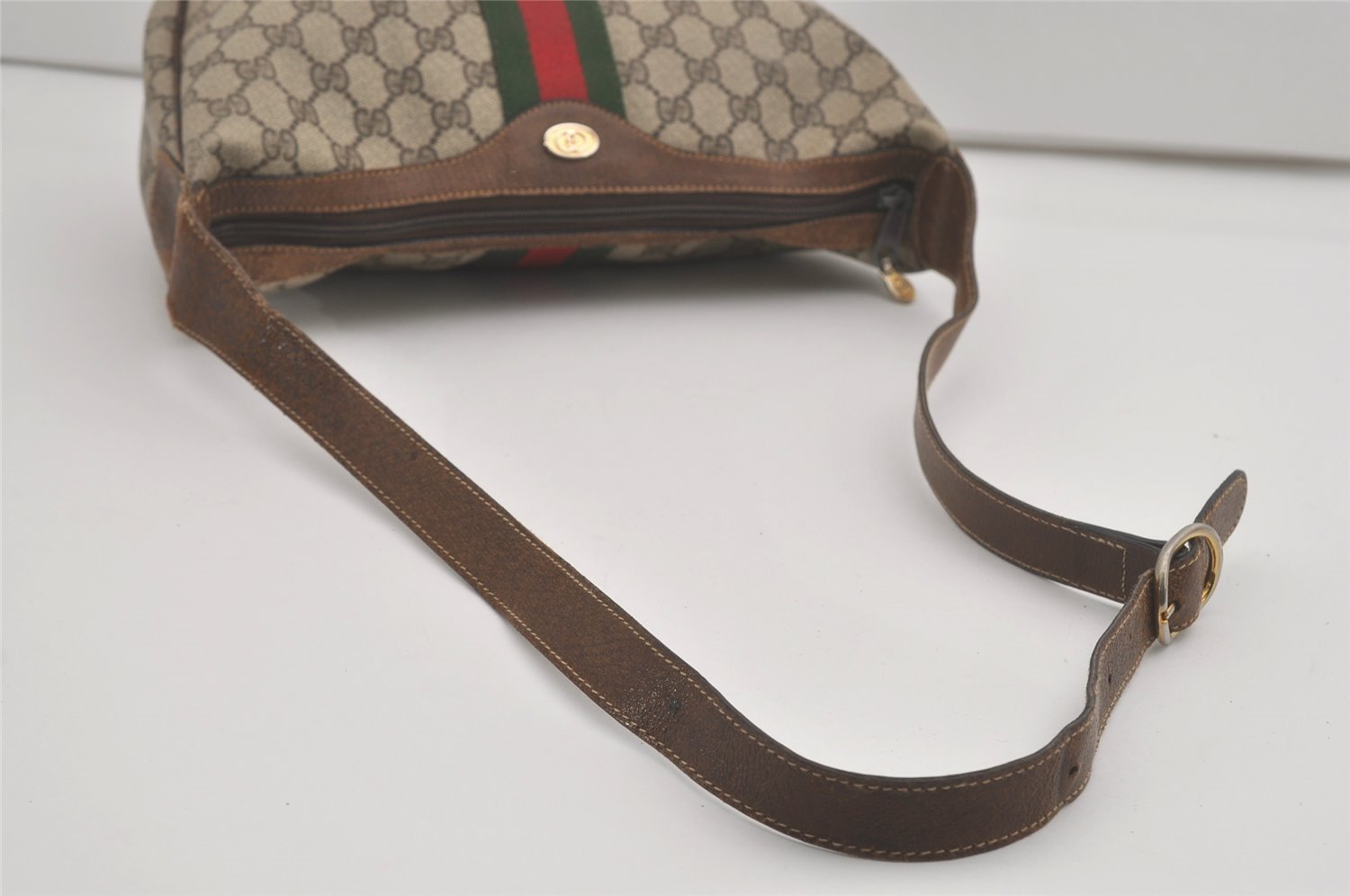 Authentic GUCCI Web Sherry Line Shoulder Cross Bag GG PVC Leather Brown 8494I