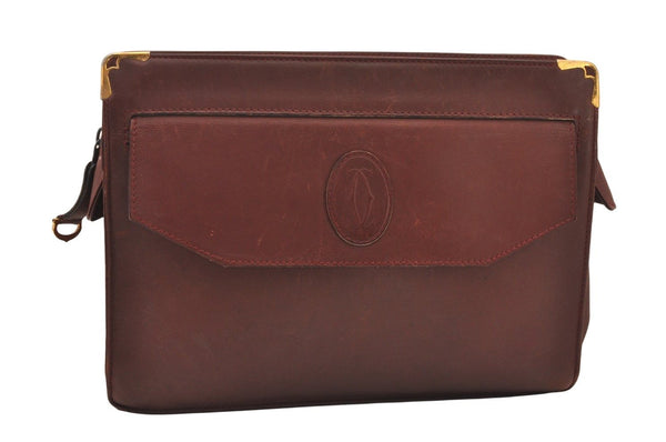 Authentic Cartier Must de Cartier Clutch Hand Bag Leather Bordeaux Red 8494M