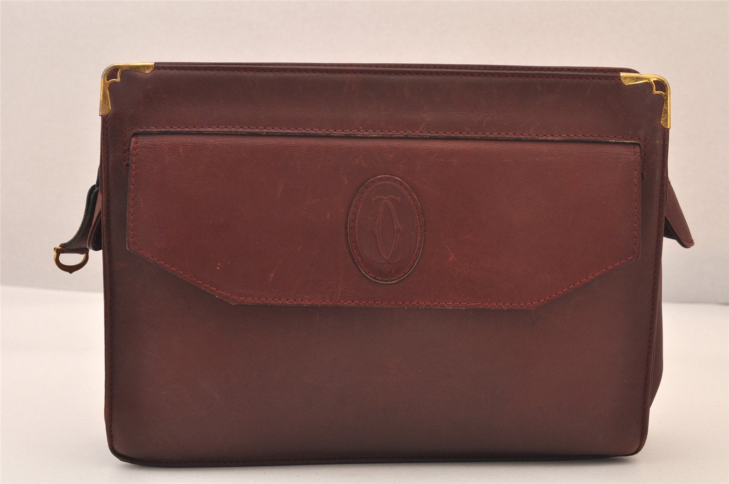 Authentic Cartier Must de Cartier Clutch Hand Bag Leather Bordeaux Red 8494M